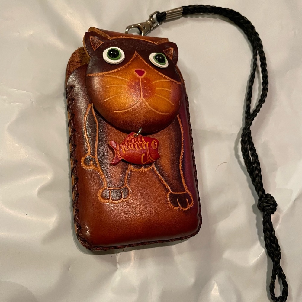 Hand Crafted Carved Leather CatW/Fish SmallPhone Wristlet Wallet with cord Strap